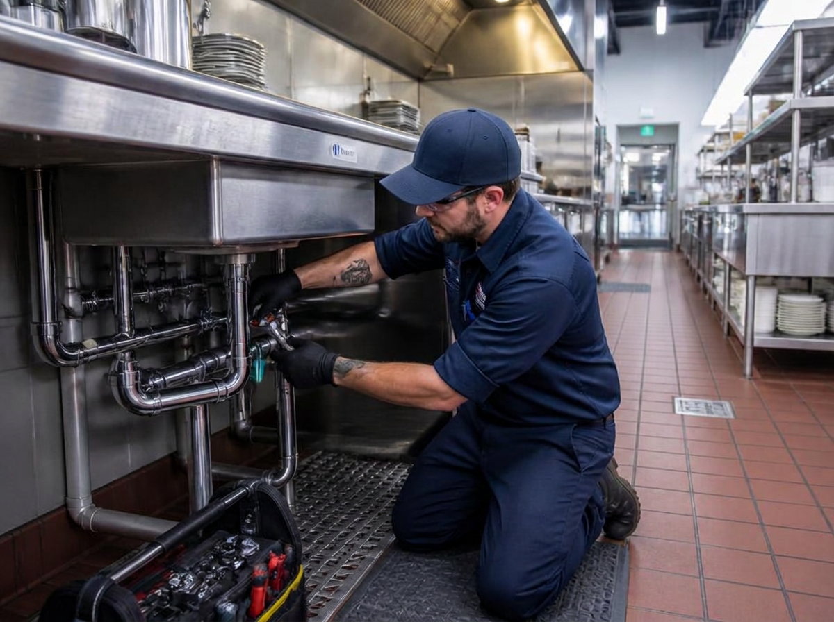Commercial plumber working on stainless steel kitchen plumbing