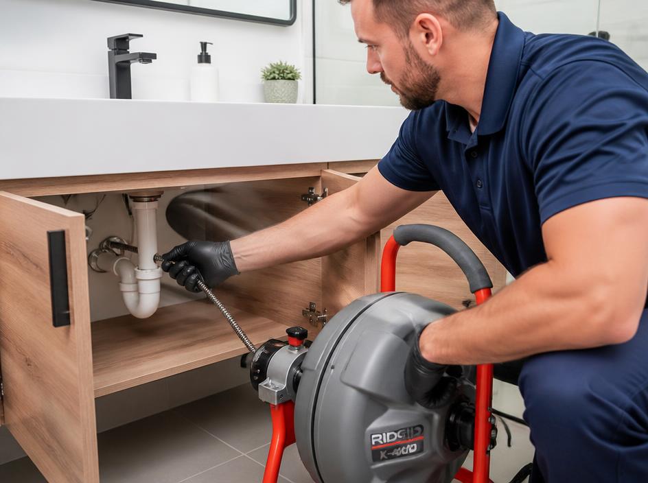 Professional drain cleaning service clearing a clogged sink drain