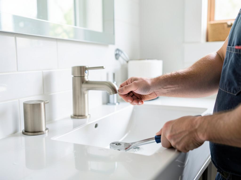 Plumber installing a new brushed nickel faucet on a white bathroom vanity sink
