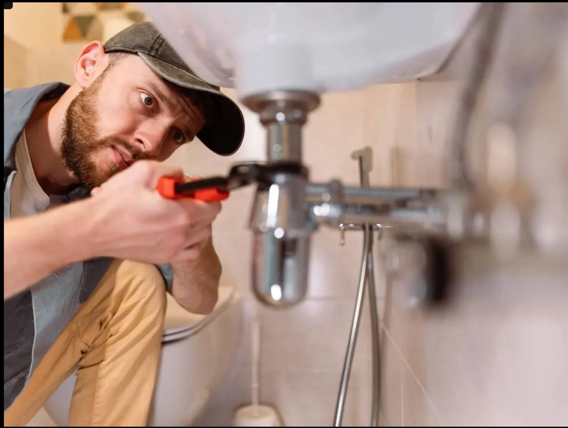 Plumber tightening a bathroom sink P-trap with pliers to stop a leak under the vanity